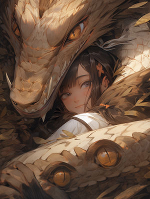 一个美少女躺在一条龙的旁边